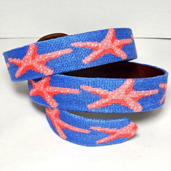 Smathers & Branson Needlepoint Women Sz L Starfish Blue Belt Cinch Slider Golf - Picture 2 of 7